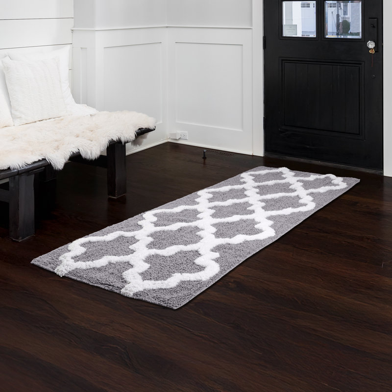 Freida 24x60-inch Cotton Bathroom Rug with Trellis Pattern and Non-Slip Base - Machine Washable, Silver