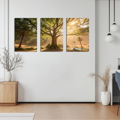 Sunlit Oasis Tree And Palm Canvas Wrapped Wall Art Oil Painting Print Set Of 3