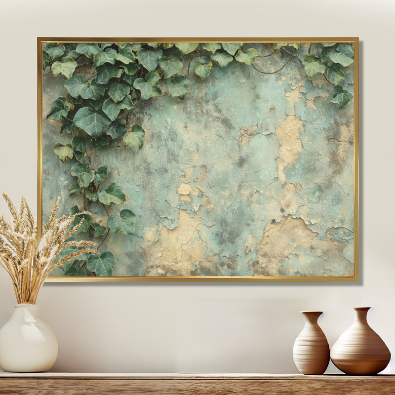Collage de feuilles de lierre sur un mur III - feuilles, art mural, H 30 po x l 40 po, Impression encadrée flottante, Doré
