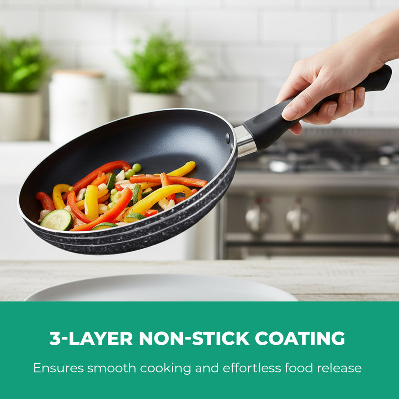 ROYALFORD Non-Stick Frying Pan | Aluminium Fry Pan for Induction Hob Skillet Pan | Saute Pan with 3-Layer PFOA-Free Coating for Healthy & Less Oil Cooking, Cool Touch Bakelite Handle | Black