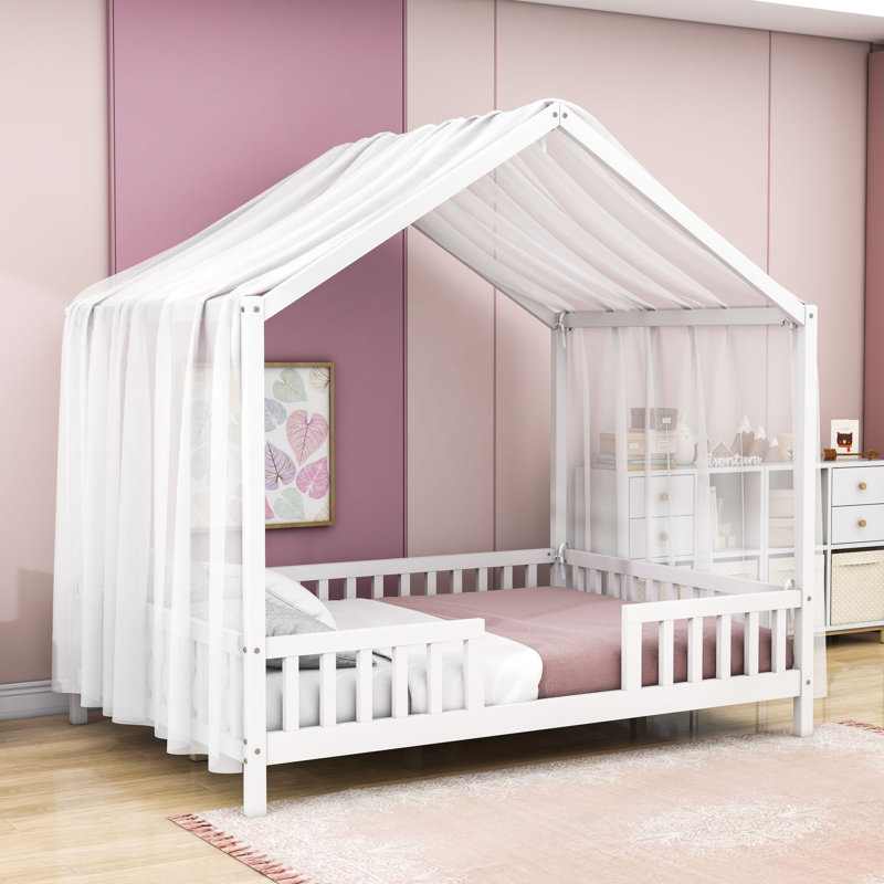 Montessori Wood Platform House Bed With Railings, Full, White