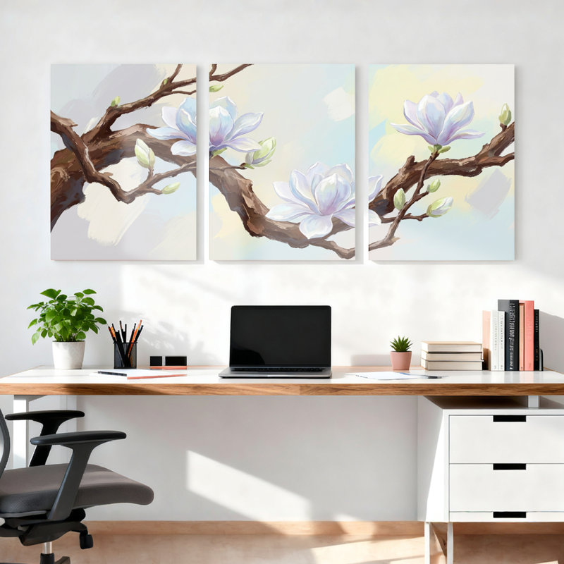 Ensemble de 3 tableaux sur toile représentant des branches de magnolia en fleurs, pour la décoration du salon et de la chambre.