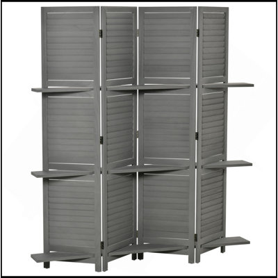 Paravent pliable 4 panneaux à panneaux d'intimité en bois de paulownia autoportant 5,6 pi avec tablettes de rangement pour chambre ou bureau, gris