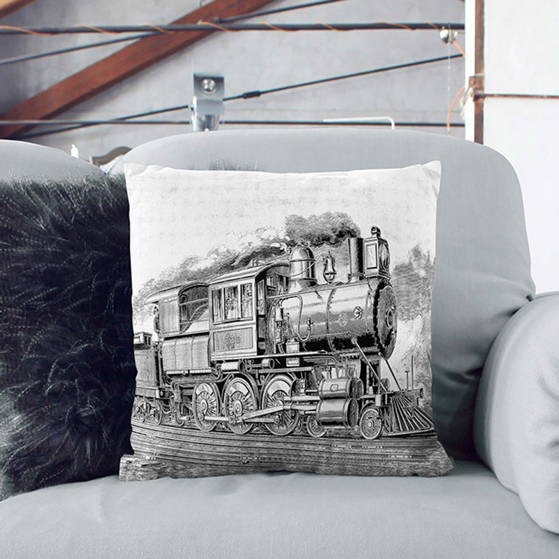 Locomotive Illustration in Black and White Cushion with Filling, 40cm H x 40cm W x 15cm D, White