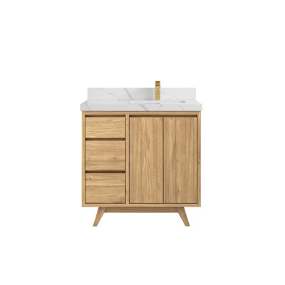 36 In. W X 22 In. D Madison Teak Bathroom Vanity Right Offset Sink In Light Natural With 2 In Calacatta Laza Quartz -  Willow Collections, MDS_TK_LNT_CA_LZ_36R