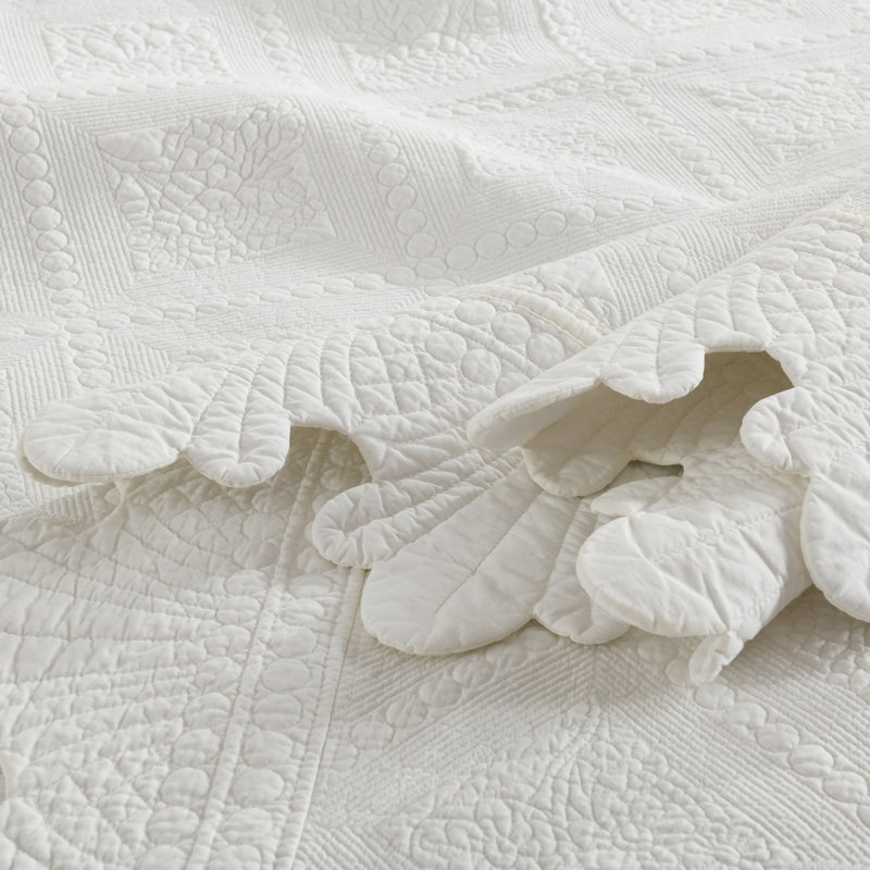 Ensemble 100% coton Tkemb broderie, Courtepointe grand + 2 couvre-oreillers standard, Blanc