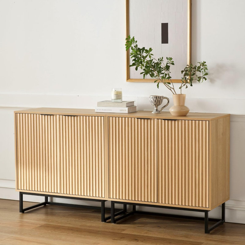 31.5" Tall 2 - Door Fluted Accent Cabinet,Sideboard with Adjustable Shelves, Oak/Black, Black