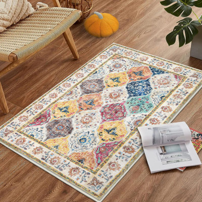 Machine Washable Non-Slip Oriental Area Rug Beige/Yellow/Orange