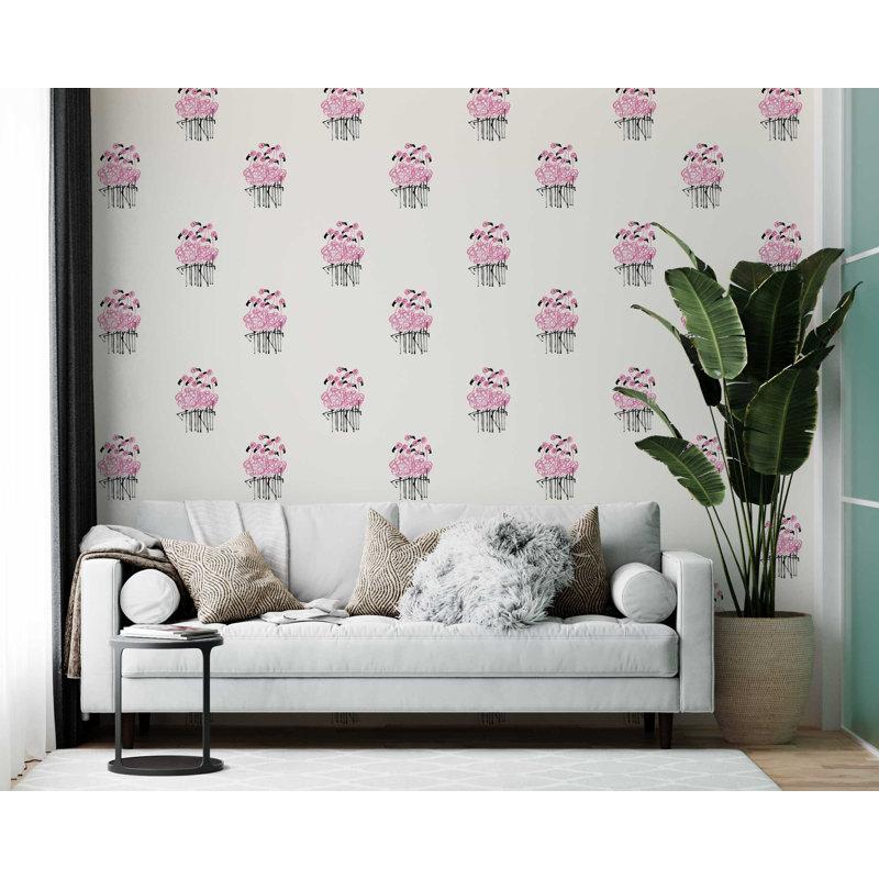 Flamingo Bouquet 33' L x 20.5" W  Wallpaper Roll, White