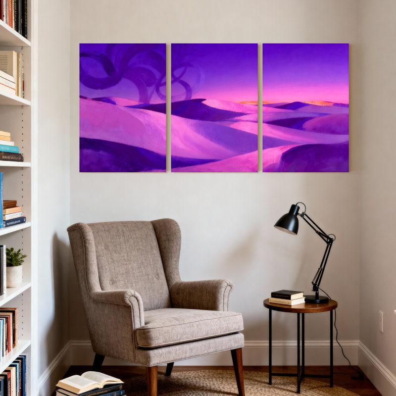 Scénario et paysages urbains, paysage de désert mauve avec vagues abstraites, ensemble de 3 impressions sur toile