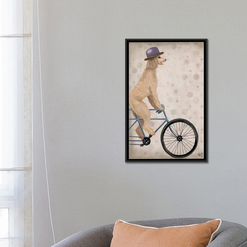 Impression sur toile tendue Fab Funky «Poodle on Bicycle», Toile avec cadre noir, H 26 po x l 18 po x P 1,5 po, Pas de tapis
