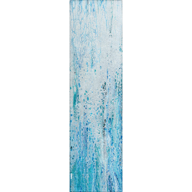 Tapis bleu abstrait tissé à la machine, Tapis de couloir 2 pi 3 po x 7 pi 6 po