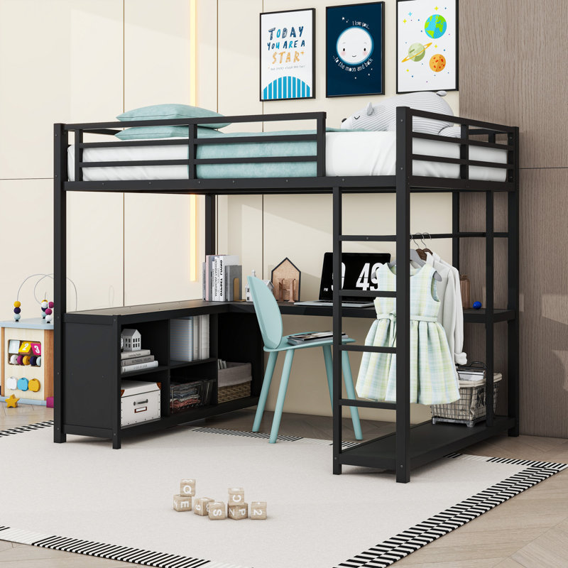 Lit mezzanine en métal avec tablettes, bureau et échelle, Complète, Noir