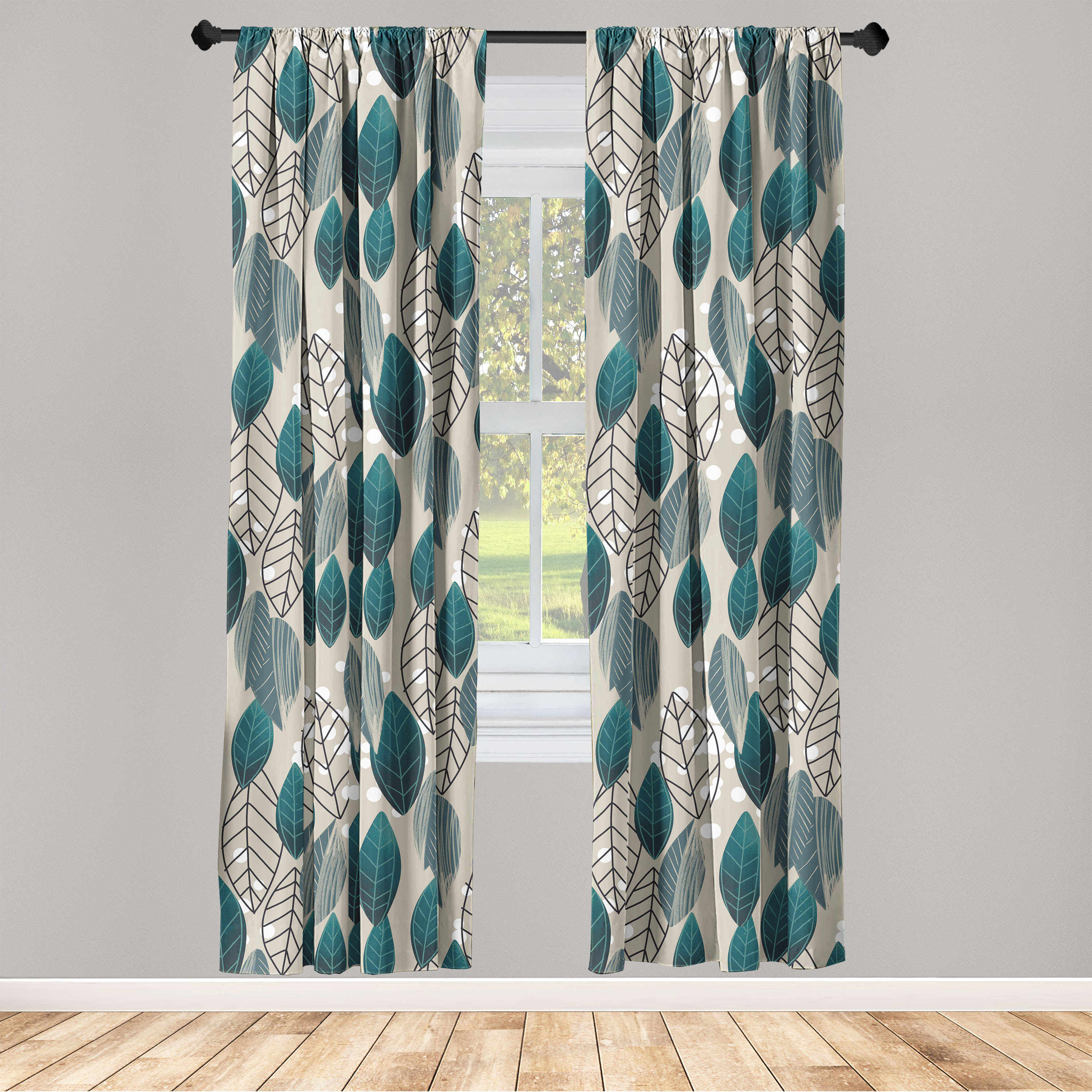 East Urban Home Leaves Greenery Curtains Simple Leafy Design Pair of Petrol Blue Pale Khaki ...