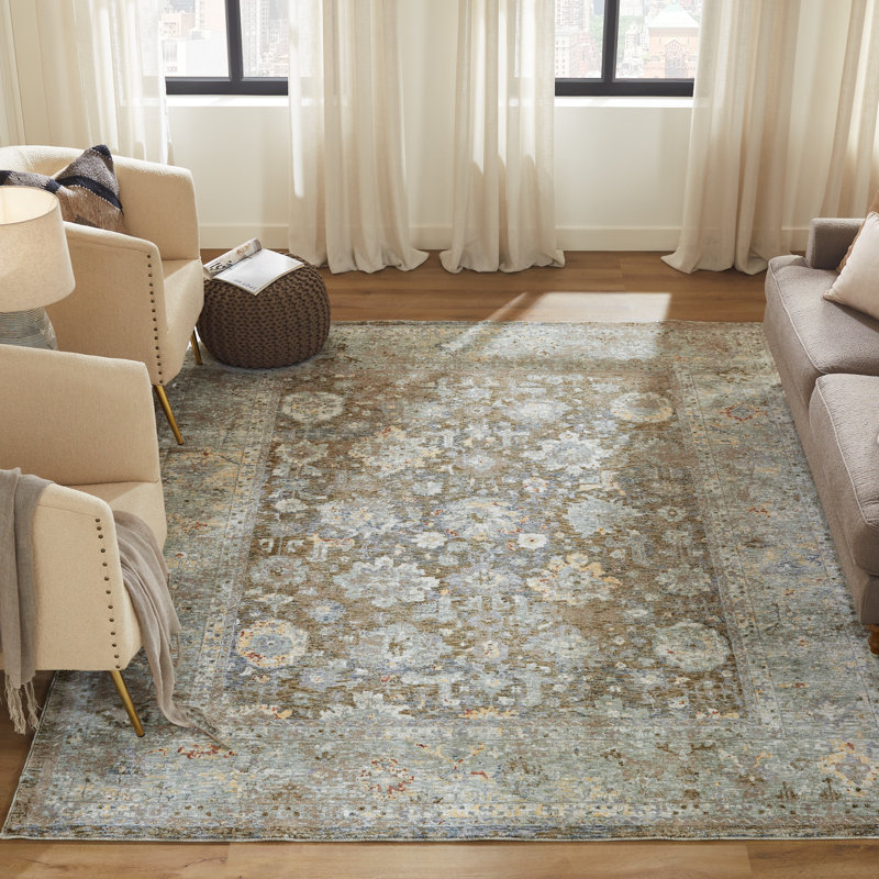 Narooma Mocha Blue Floral Area Rug, Rectangle 2' x 3'
