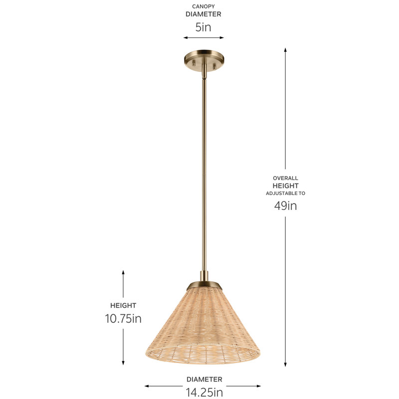 1-Light Convertible Pendant with Opal Glass and Handwoven Rattan Shade, 10.75" H x 14.25" W x 14.25" D