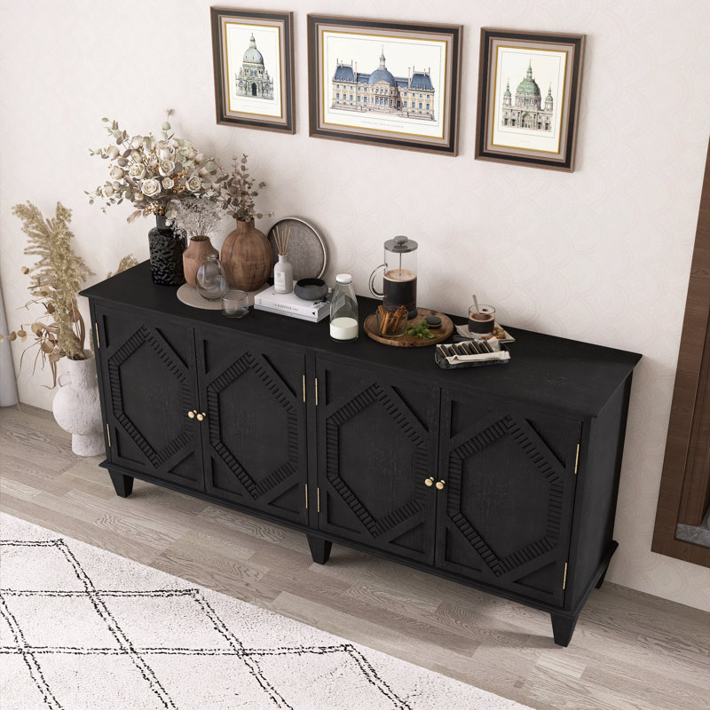 Buffet Mid-Century moderne avec portes géométriques symétriques, Noir