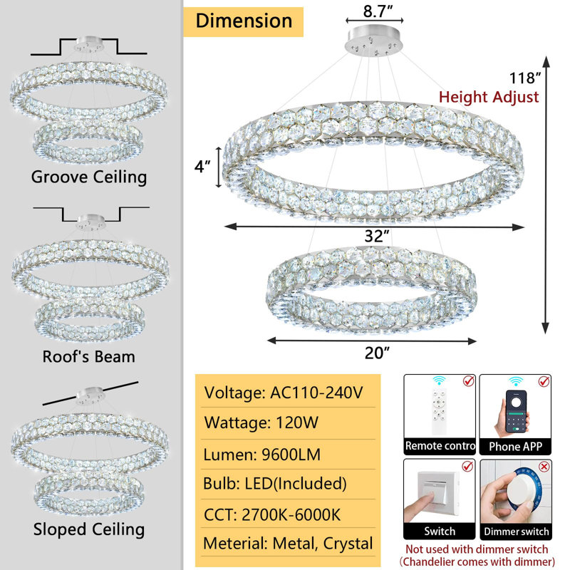 2 - Light Dimmable Tiered Crystal Chandelier, Silver