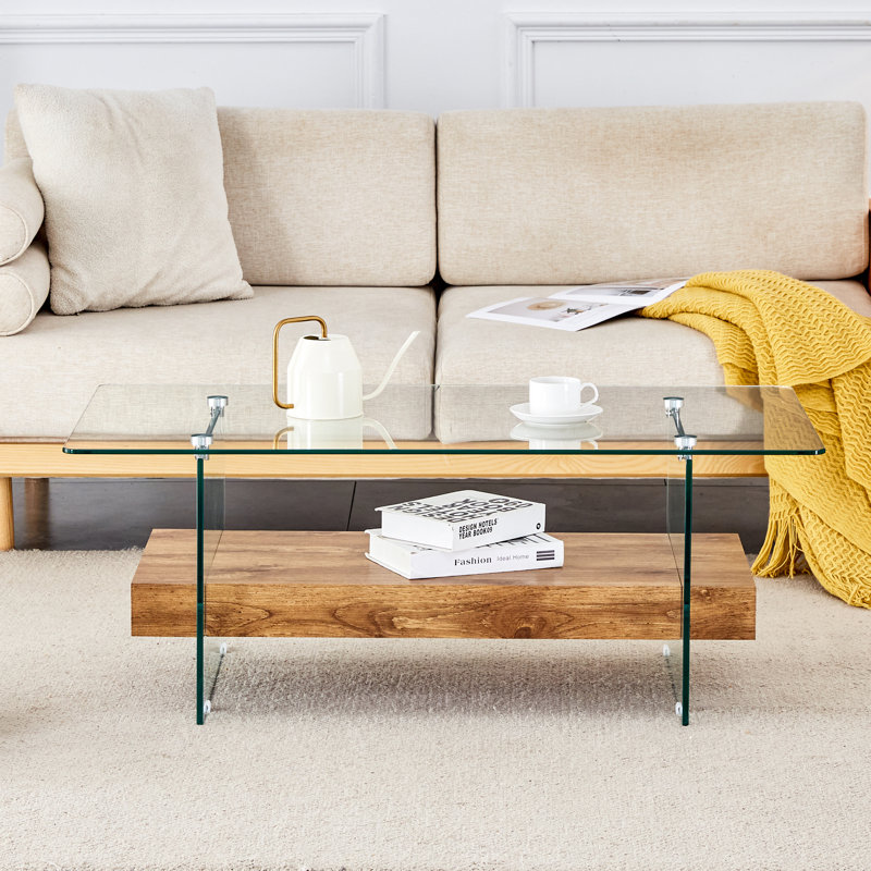  Table basse 43,3 po à deux niveaux en verre avec tablette en bois clair, table d'appoint ou présentoir, bois clair