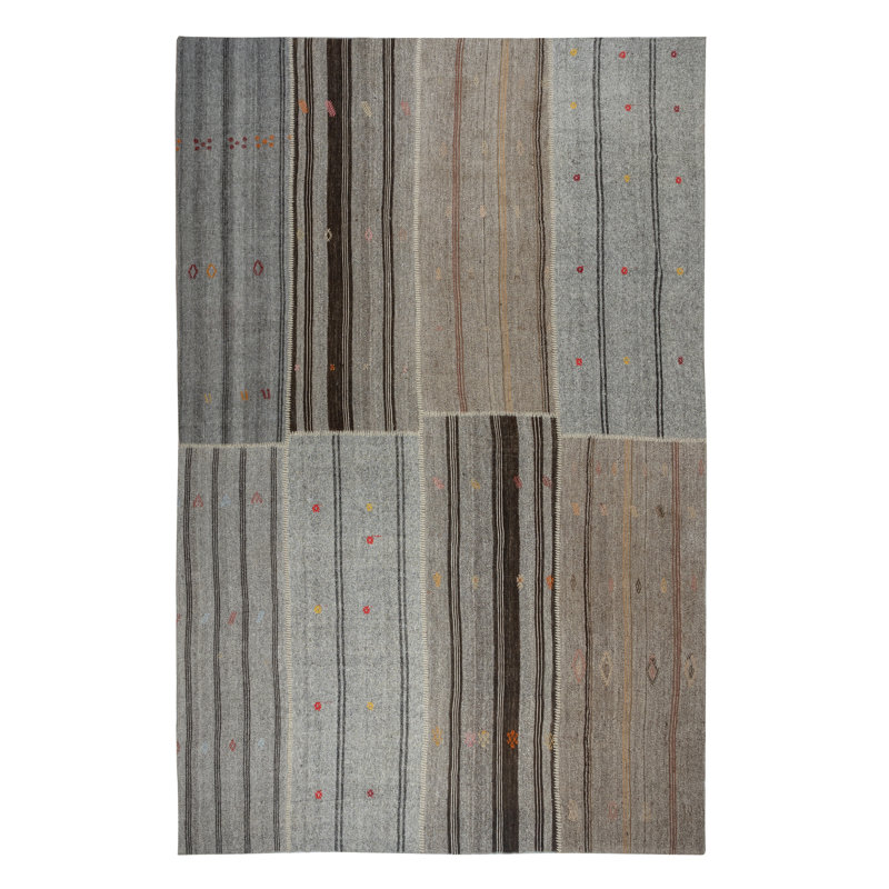 Kilim gris rétro 9,7 x 14,2 pi Tapis ajustable tissé à la main. Grand tapis