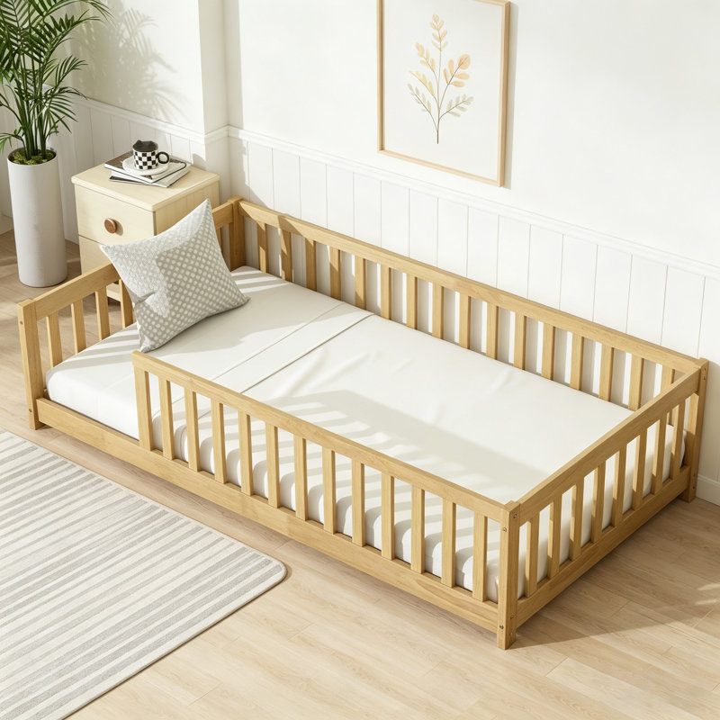 Lit simple au sol avec garde-corps de sécurité, idéal pour la transition des enfants vers un lit indépendant, fabrication en bois d'hévéa robuste