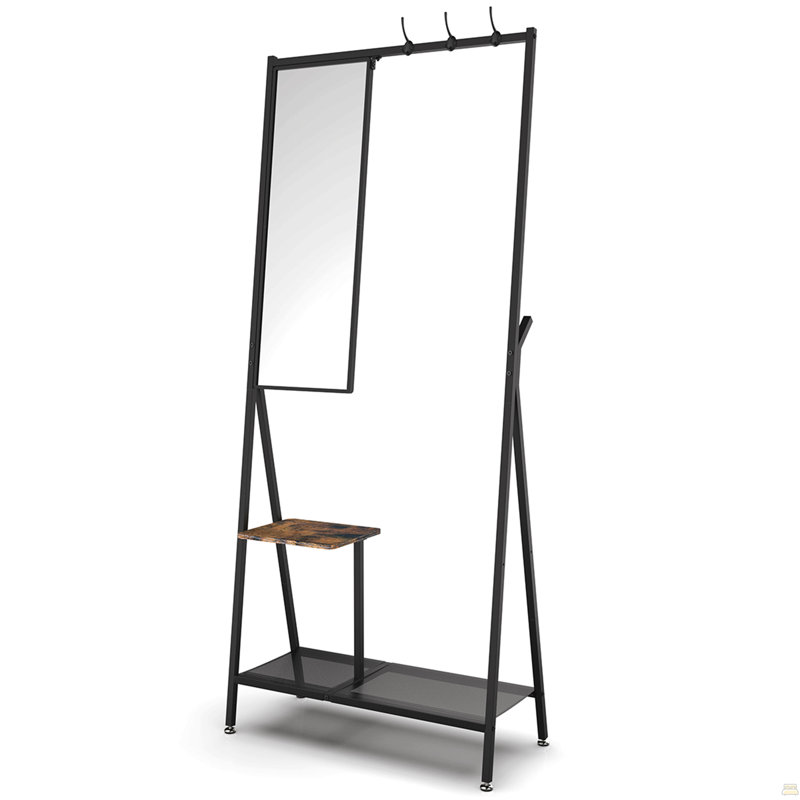 Coat Rack with Mirror, Multifunctional Hall Tree with Shoe Storage, Metal Frame, for Living Room Bedroom 73x32x15 Inches, Industrial Style, Rustic Brown and Black