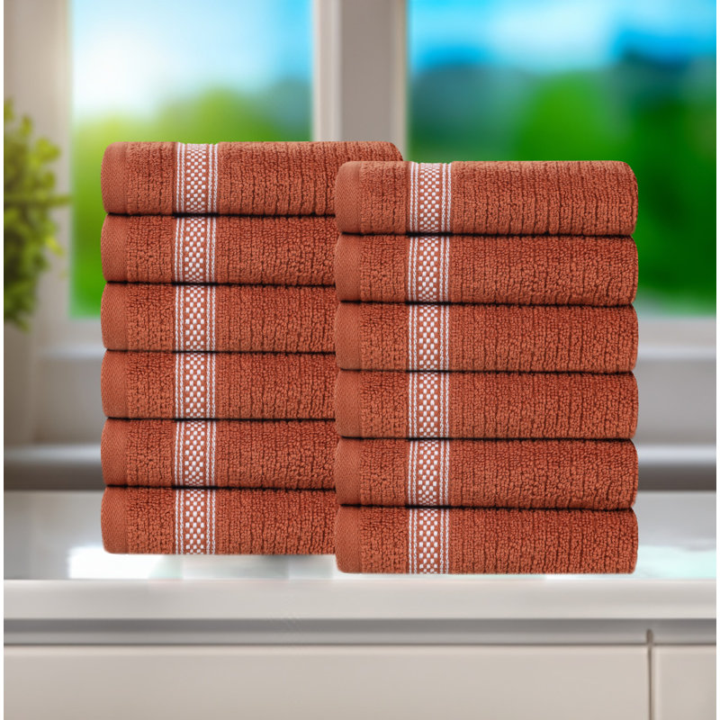 Amanita Zero Twist Cotton Ribbed Modern Geometric Border Soft Face Towel/Washcloth Set, Rust