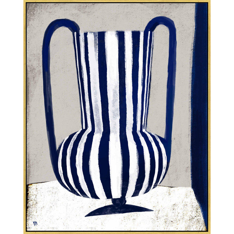 Blue Striped Vase Painting by Marco Marella For Studio M, 24" W x 30" H, Gold Framed Canvas