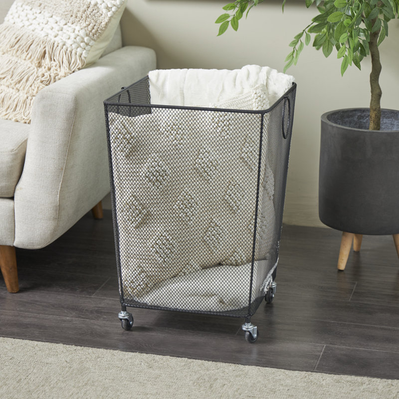 Metal Square Mesh Wire Rolling Laundry Storage Basket With Ring Handles, Gold