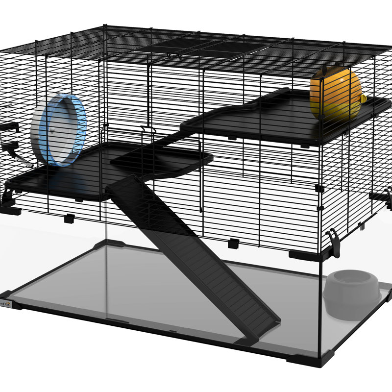 Cage à hamster de 31 po, noire avec conception pratique, bassin en verre, rampes, plateformes, cabane, roue d'exercice pour nid d'animaux, hamsters ergonomiques et
