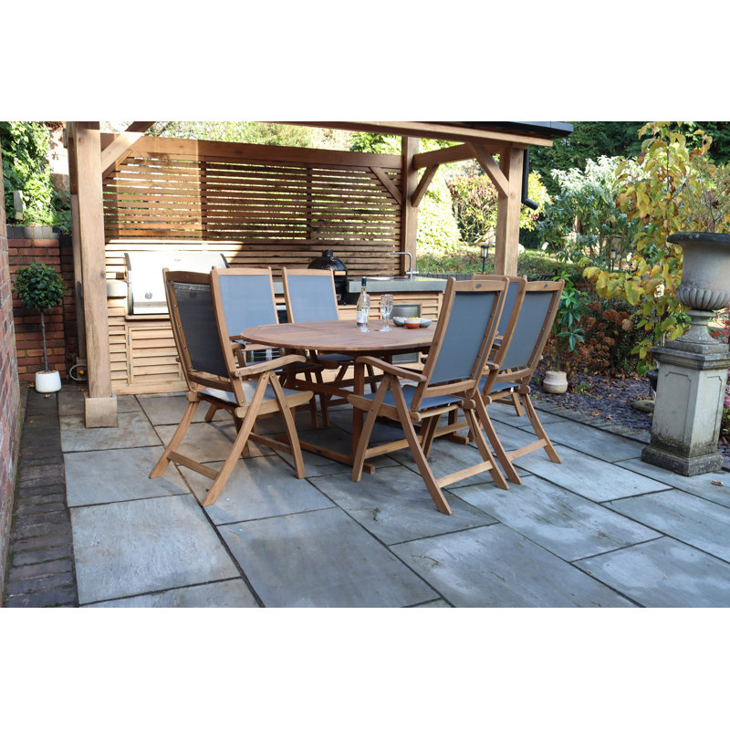 TURNBURY table with 6 x HENLEY Grey Textylene Reclining Folding High Back Armchair