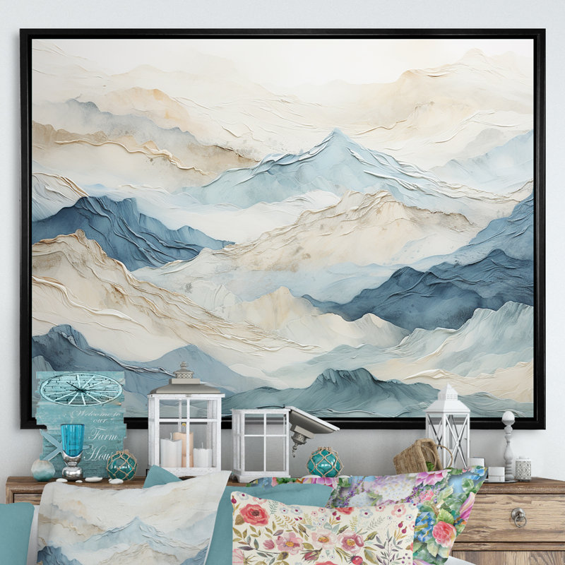 «Minimalisme gris et bleu, brise de montagne - paysage montagneux, reproduction d'art sur toile», Cadre flottant noir
