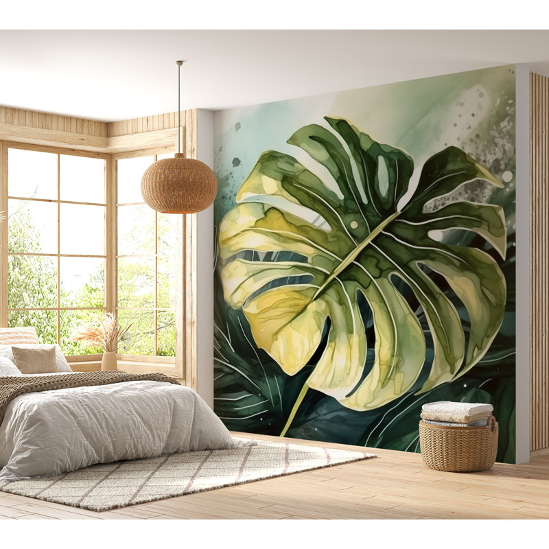 Murale botanique pelez et collez - Feuille de Monstara tropical, L 90 po x l 90 po
