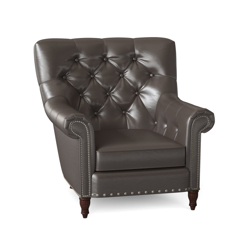 Kirby Leather Club Chair, #9 & #54 Pewter, Aline Light Gray Stonewash Genuine Leather, Mahogany