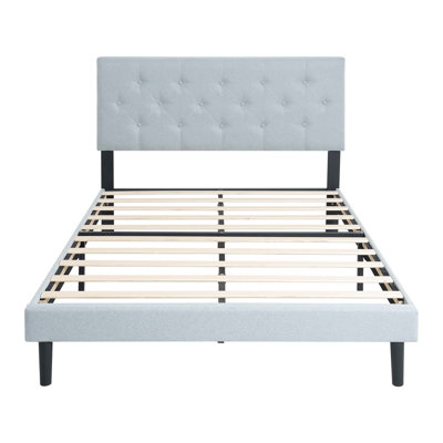 Upholste Platform Bed Frame With Modern Button Tufted Linen Fabric Headboard, No Box Spring Needed, Wood Slat Support -  Latitude RunÂ®, 9FE30C24696E4F5BBAA8343CAE00F63E