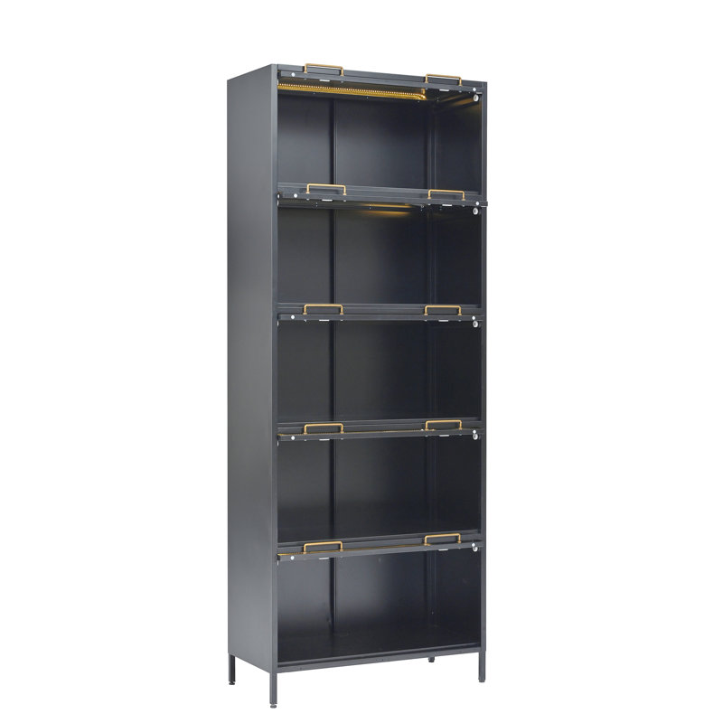 76.75'' Tall Iron Display Cabinet with Glass Doors, Black