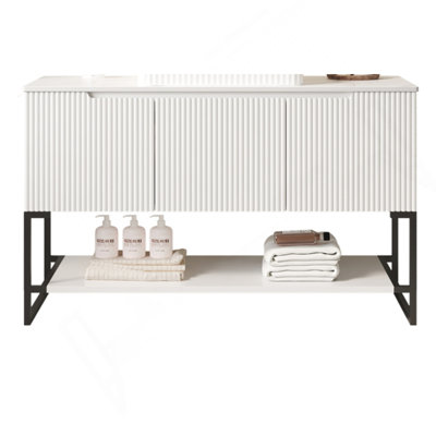 TULIO 48" Freestanding Carrara White Sintered Stone Counter Top And Cabinet With 3 Doors And Open Shelf, NO Basin, NO Faucet And Sink Cover, White