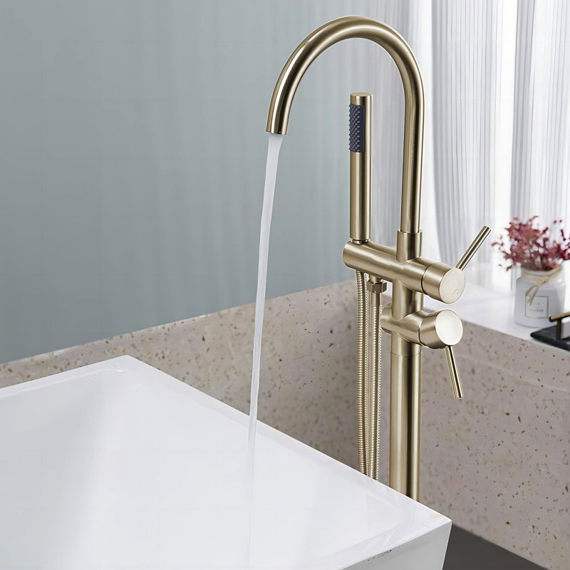 Brushed Gold Freestanding Tub Filler Floor Mount Faucet - With Handheld Shower And Construction Detail Bathtub Luxurious Design