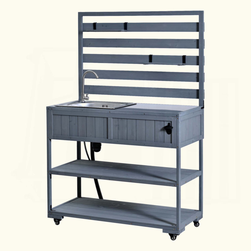 Rolling Kitchen Island Solid Wood Kitchen Cart With Sink, Garden Potting Bench With Stainless Table Top, 2 Movable Shelves And 1 Bottle Opener