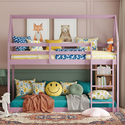   77" Twin Over Twin Floor Bunk Bed with House-Shaped Roof, Solid Wood