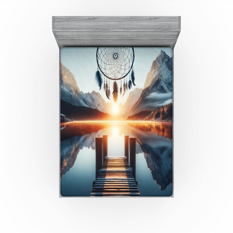 Drap-housse Ambesonne Lake_ Sunset Horizon Dreamcatcher_ Bleu ardoise orange, Double