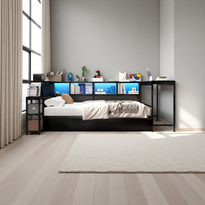 Cadre de lit d'angle avec bibliothèque et 2 tiroirs de rangement sous le lit, lit moderne avec lumière DEL et station de charge, interchangeable gauche et droite