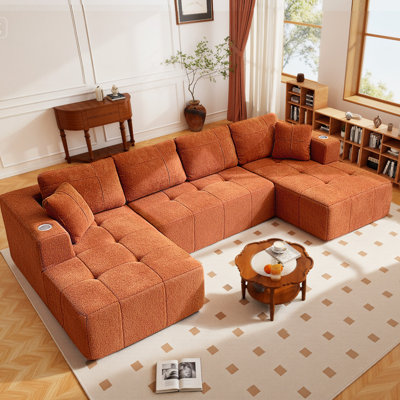 136" Wide Tufed Boucle Modular U-Shaped Sectional Couch With Chaise