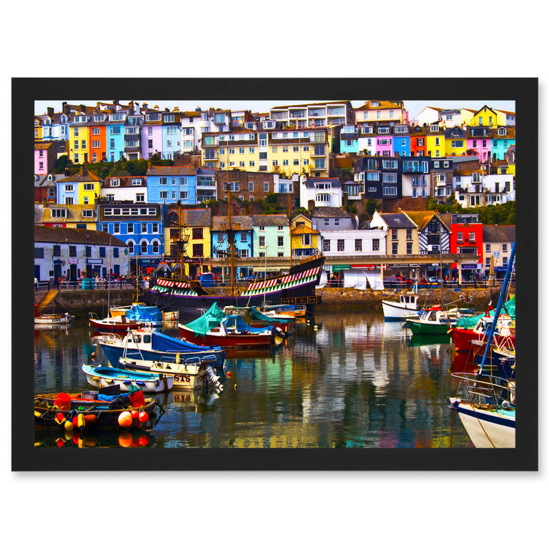 Cityscape Brixham Devon England Harbour Boats UK - Single Picture Frame Print, 33cm H x 45.46cm W