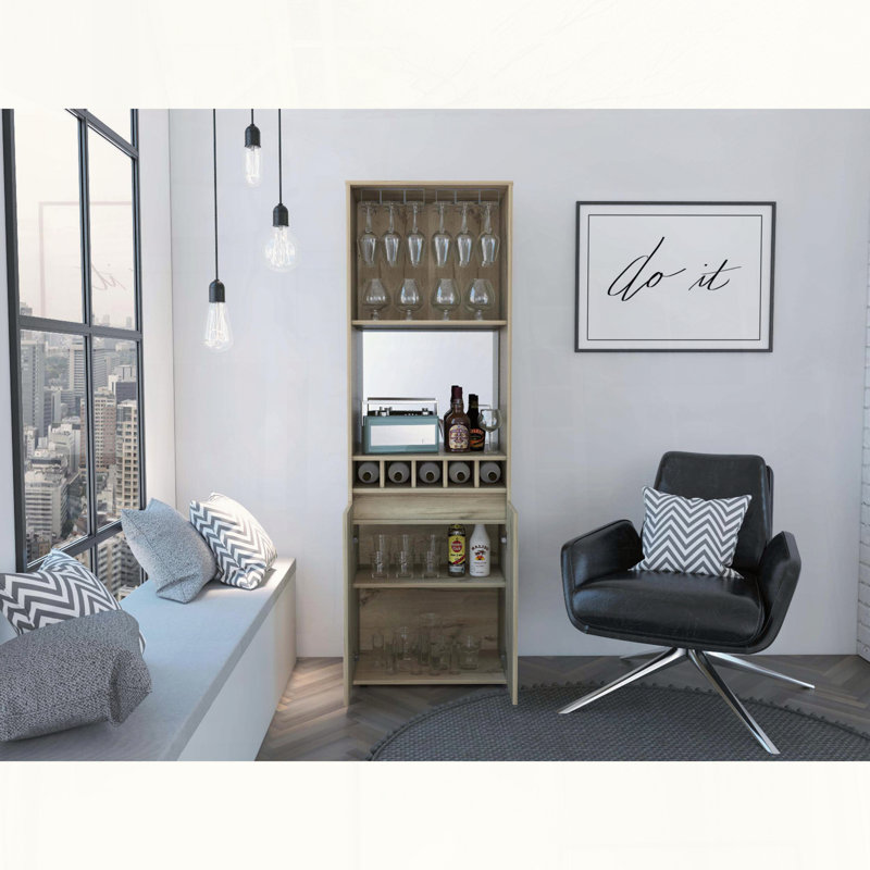 Light Oak 5-Bottle 2-Shelf Bar Cabinet