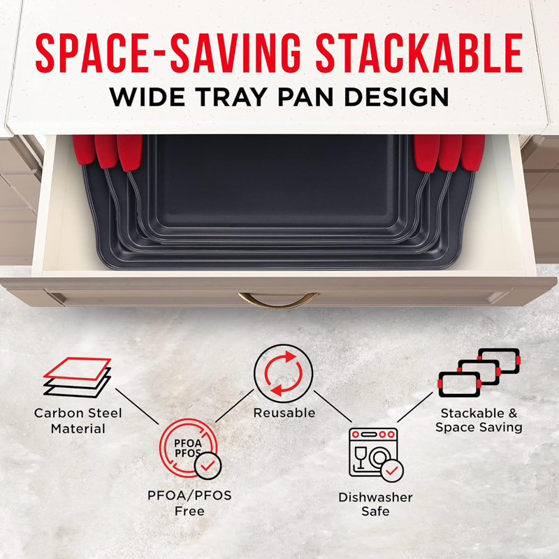 3-Piece Non-Stick Carbon Steel Baking Sheet Pan Set with Red Silicone Handles