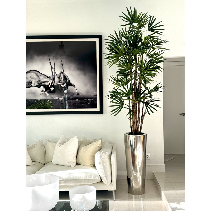 Lady Faux Palm Tree in Metal Planter, Silver, 104" H x 33" W x 33" D