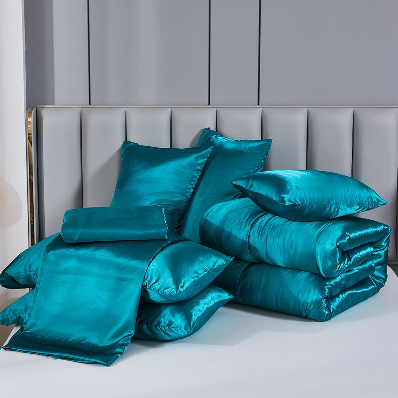 Ensemble d'édredon en satin avec draps pour grand lit 8 pièces Ensemble de literie soyeux vert paon avec 1 housse de coussin