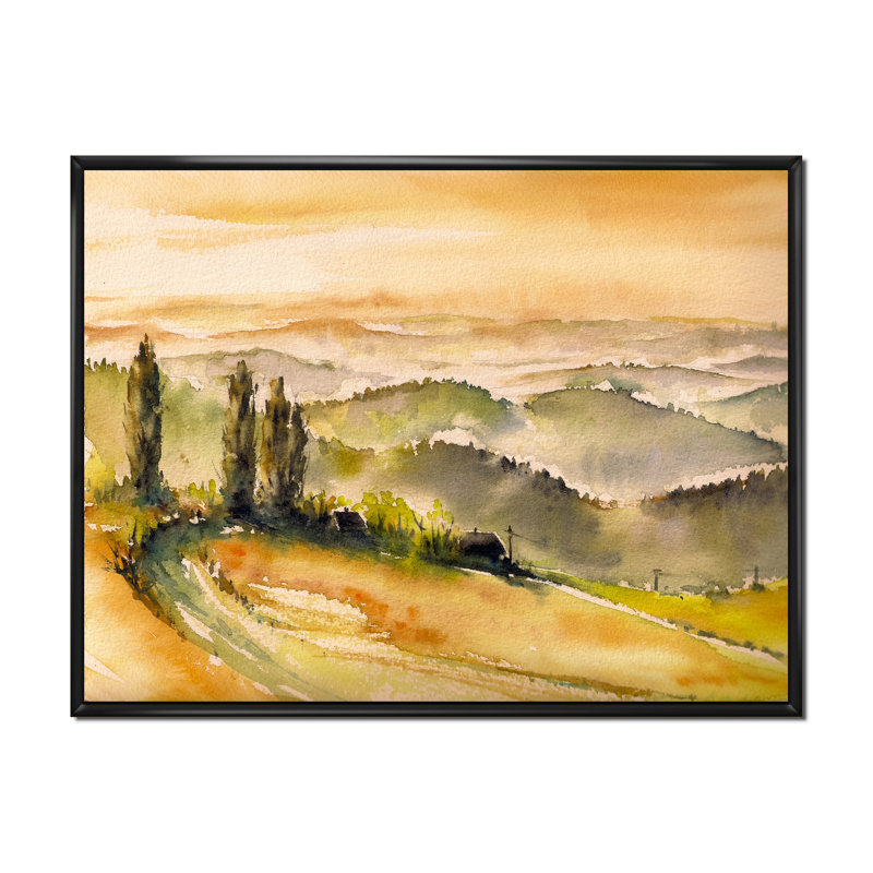 Paysage rétro avec vignobles - peinture sur toile, H 24 po x l 32 po, Cadre flottant noir