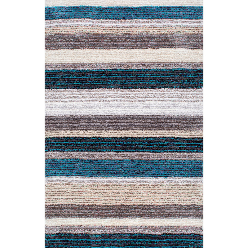 City Striped Shag Tufted Performance Brown/Teal/Blue Rug, Rectangle 3' x 5'